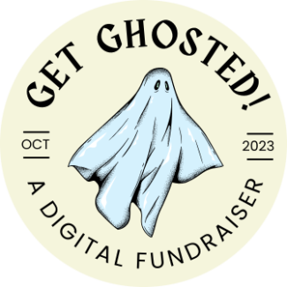 a cream circle with an illustrated ghost in the centre. Text reads Get Ghosted! A digital fundraiser
