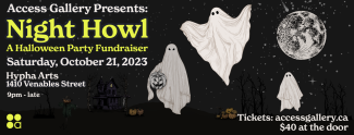 A spooky illustration of a black night sky with a full moon and three floating sheet ghosts. Text is mostly in white and reads only key information from the event information. "Night Howl: A Halloween Party Fundraiser" is in an acid yellow, and so is the access logo at the bottom left of the image.