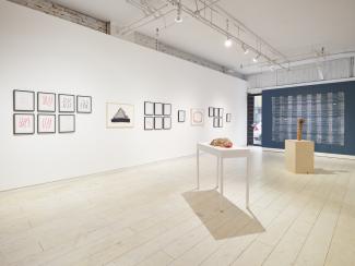 A gallery view of the exhibition. In the foreground a woven basket sits on a white table. Behind that a bundle of dried flowers rests upright on a wooden plinth. On the left wall there are many framed works including weavings and handmade paper. The far wall is painted blue, and there is a white weaving hanging in front of it. 