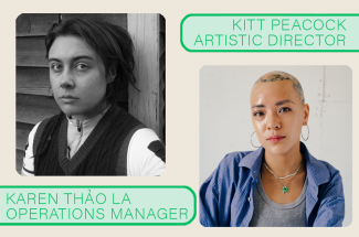 Image depicting a black-and-white headshot of new artistic director Kitt Peacock on the left, and a colour headshot of new operations manager Karen Thao La on the right. 