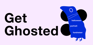 Blue bird on left hand side on top of three black graphic circles. Text reads "Get Ghosted" on left hand side on top of a light pink background.