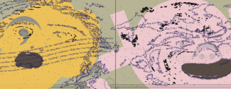 Yellow and pink background, swirls of literature and jumbled up letters superimposed over coloured background.