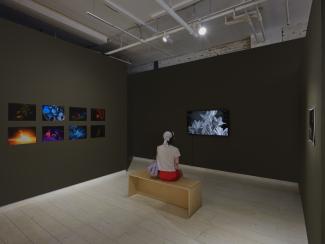A person sits on a wooden bench in the corner of the gallery space, observing a black-and-white video on a screen in front of them. Vibrant photos adorn the dark walls to the left. 
