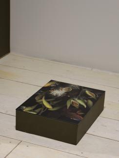 A darkly painted mini plinth features a nature-inspired print on top, displaying white and yellow flowers with green leaves which rests on the white wooden gallery floors.