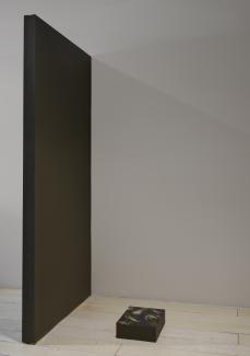 A darkly painted mini plinth features a nature-inspired print on top, displaying white and yellow flowers with green leaves which rests on the white wooden gallery floors. A darkly painted cut-out wall is located to the left of the plinth.
