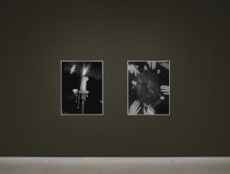 Two black-and-white photographs on a dark wall. Left photo shows a candle with melting wax, moths hovering; right shows multiple hands holding a flower-decorated spider web with dew drops.