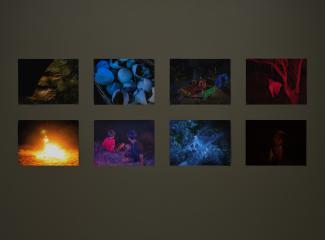A grid of eight vibrant colourful photos. Scenes include the foot of a subject, broken eggs, red-lit forest, a bonfire, a group of kids, and a person with a glowing object, among other scenes. 
