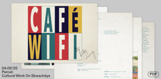 A screenshot of the PARCEL digital publication, showing a title graphic for Kitty Cheung's poem CAFE WIFI. The publication has several off-white pages scattered across the site, containing partially visible poetry snippets and archival photos. 