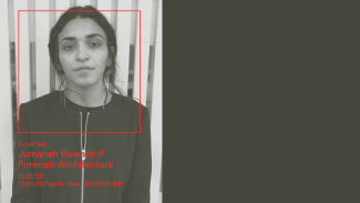 A duotone headshot of Jumanah Bawazir on a promotional graphic for the talk. They have long, dark hair tied back and are wearing a dark zip up sweater. Red text reads "Artist Talk, Jumanah Bawazir, Forensic Architecture" 