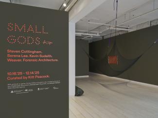 Red text on a dark wall reads "Small Gods" with a silhouetted outline of a quadricopter drone. The title vinyl lists the artists, exhibition dates, and curator. In the background, a cargo net hangs suspended from the gallery's ceiling, and a bright red rug is just visible on a back wall. 